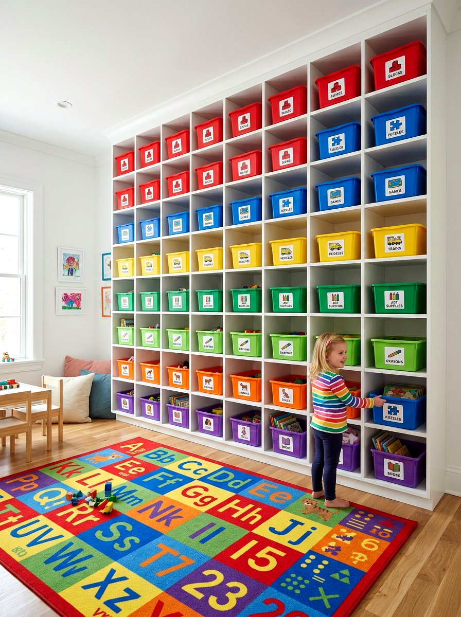Color Coded Bins - 30 toy library playroom ideas