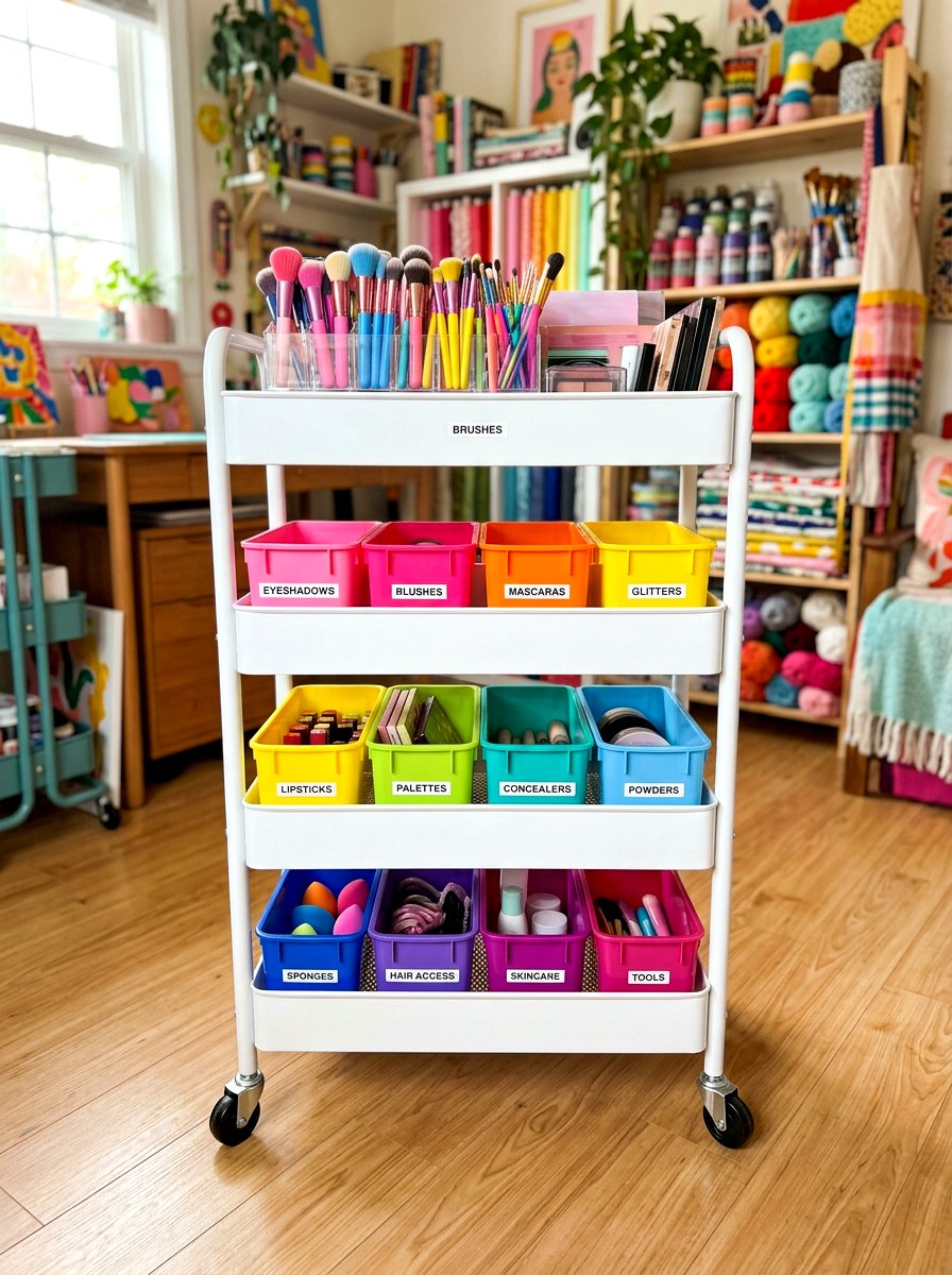 Color Coded Bins For Makeup Categorization - 30 beauty cart organization ideas
