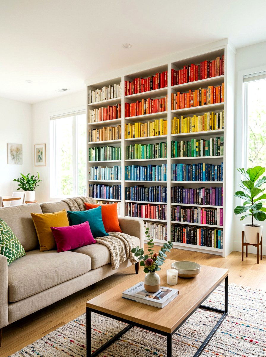 Color Coded Bookshelf Styling - 30 library style living room ideas