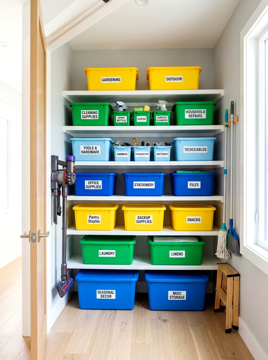 Color Coded Containers - 30 utility closet shelving ideas