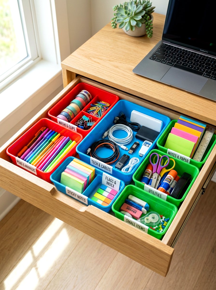 Color Coded Divider System - 30 desk drawer organization ideas