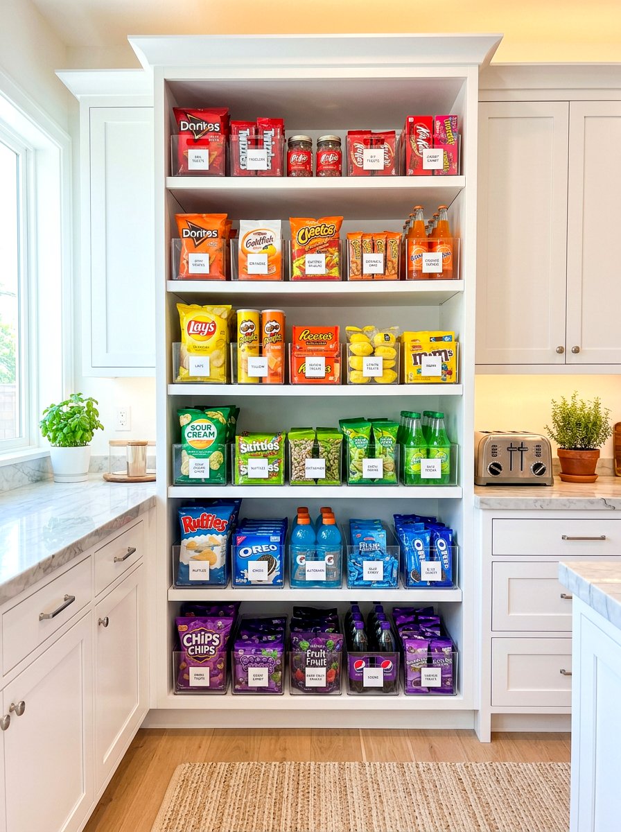 Color Coded Organization - 30 snack pantry ideas