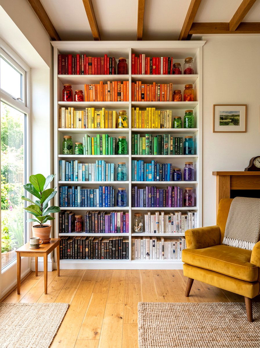 Color Coded Shelf - 30 aesthetic bookshelf styling apartment ideas