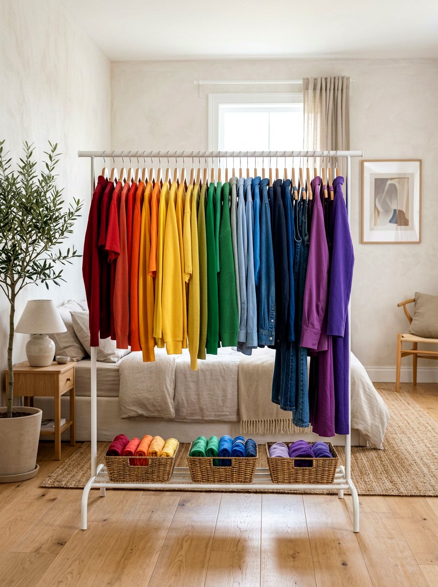 Color Coordinated Garment Rack - 30 open closet aesthetic ideas