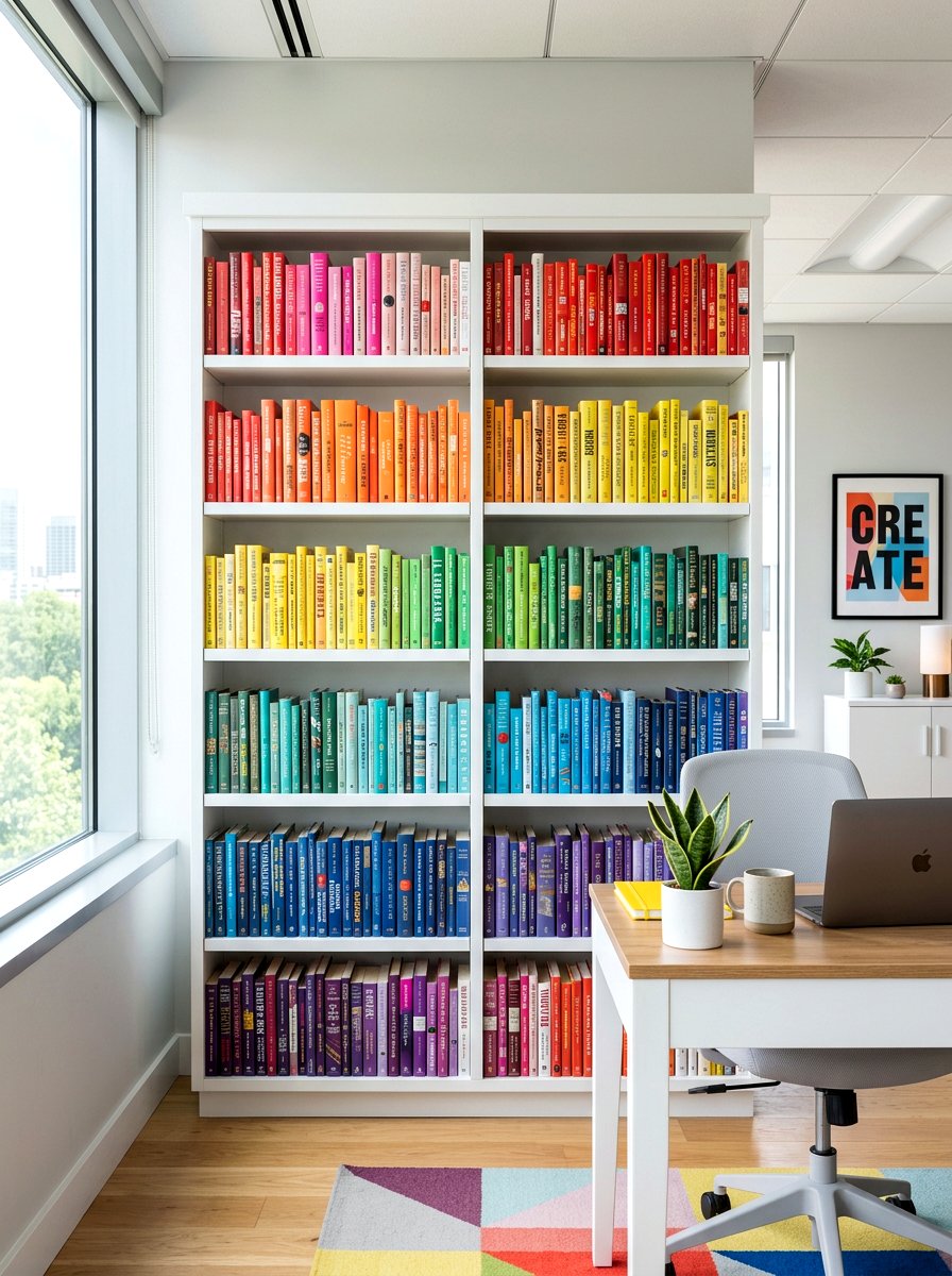Color coded bookshelf arrangement - 30 office bookshelf styling ideas