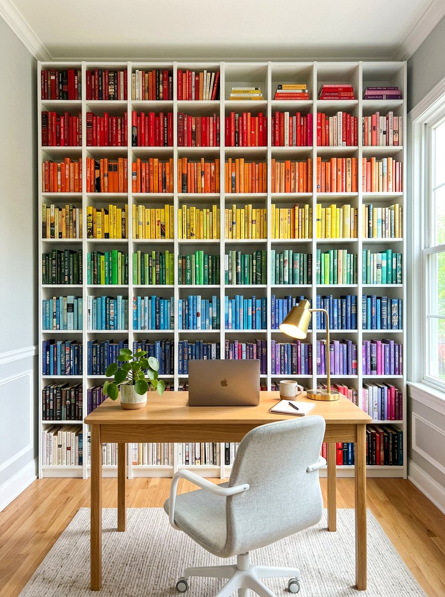 Color coded bookshelf office - 30 book lover office ideas