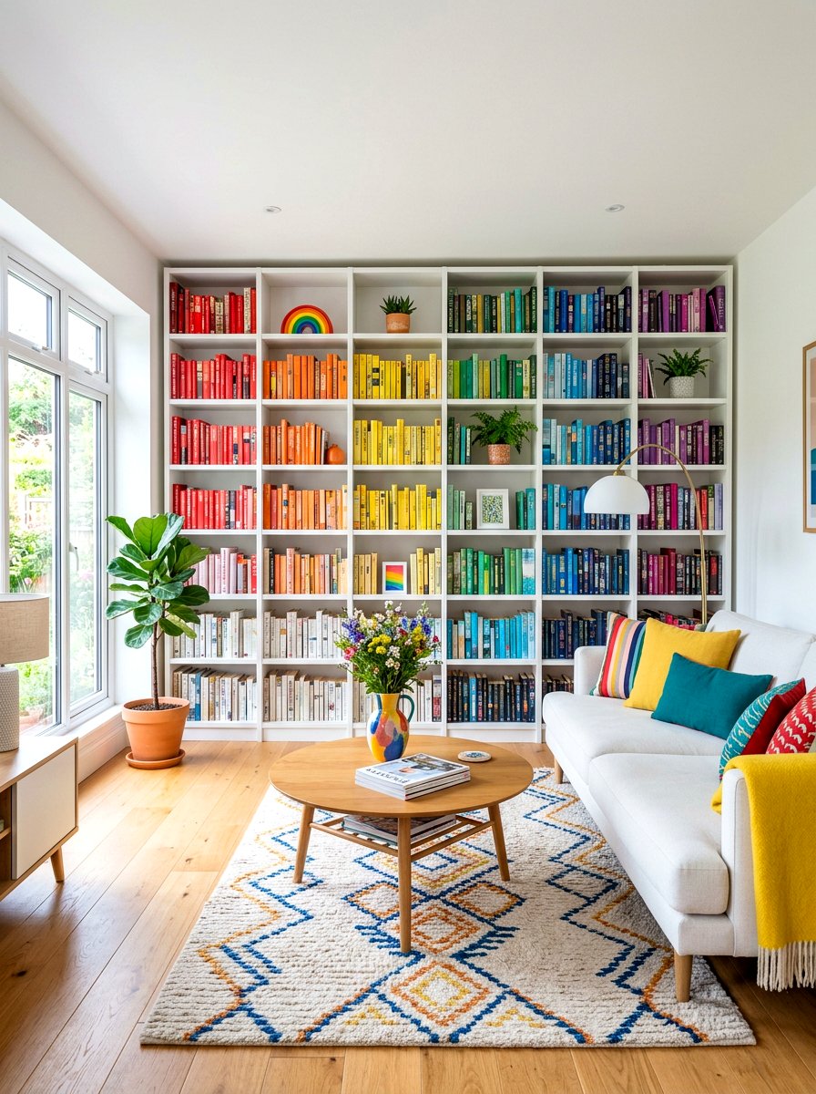 Color coded bookshelf - 30 home library ideas