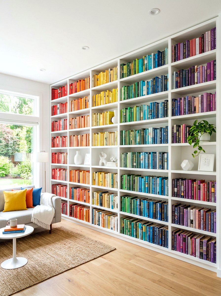 Color coded bookshelves - 30 office shelving styling ideas