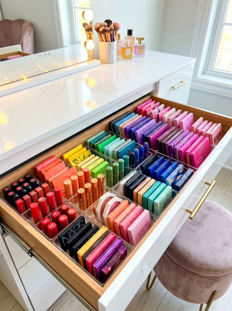 Color coordinated makeup storage - 30 vanity drawer organization ideas