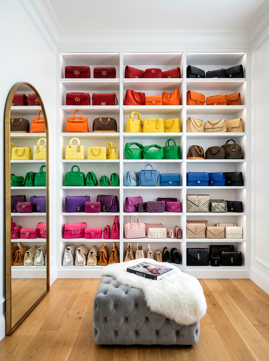 Color coordinated purse shelving - 30 purse display closet ideas
