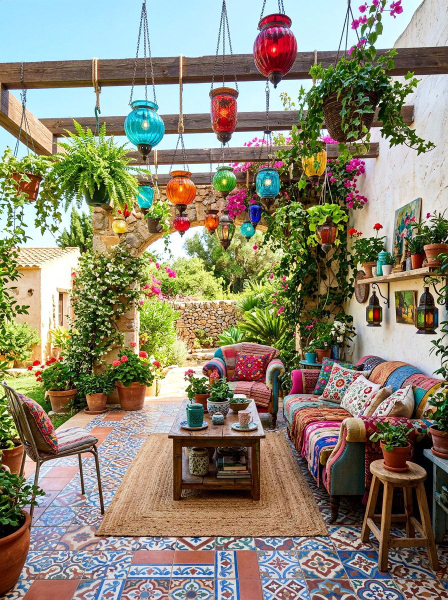 Colored glass lanterns for eclectic look - 30 candle lantern patio styling ideas