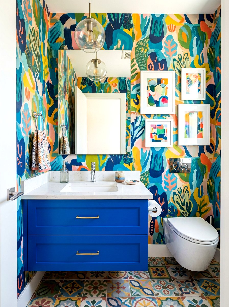Colorful Abstract Wallpaper - 30 wallpapered powder room ideas