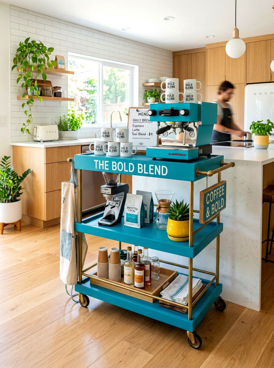 Colorful Accent Coffee Cart - 30 coffee cart apartment ideas