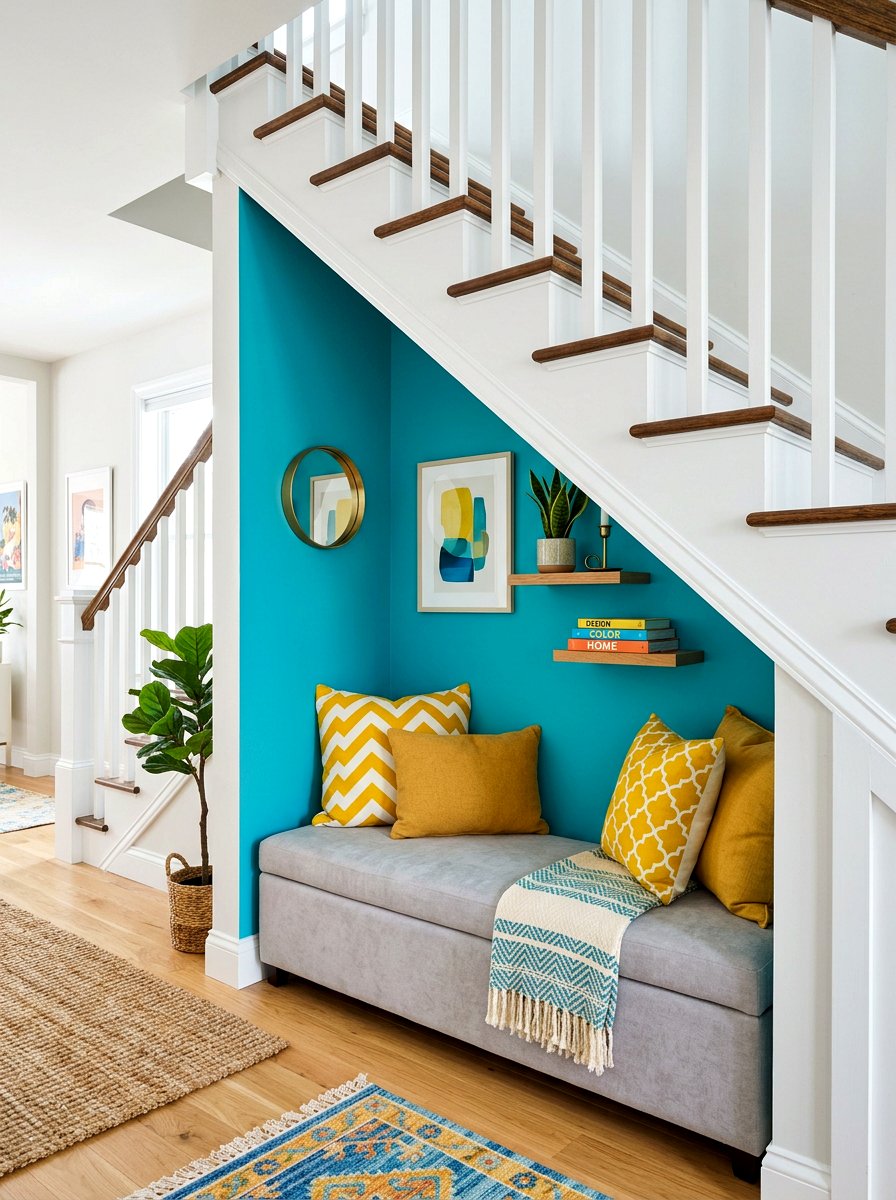 Colorful Accent Wall Nook - 30 under stairs reading nook ideas