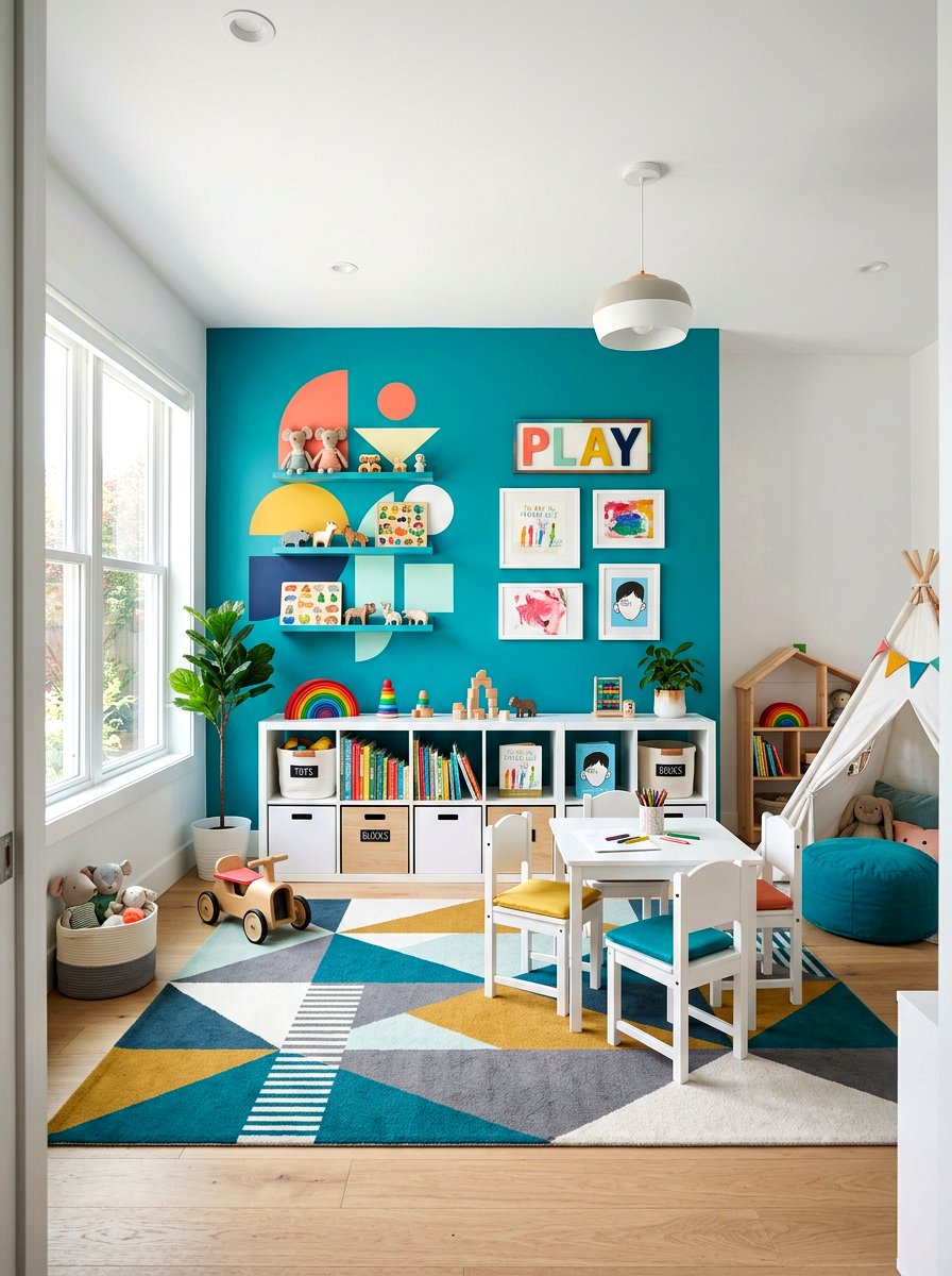 Colorful Accent Wall Playroom - 30 small playroom ideas