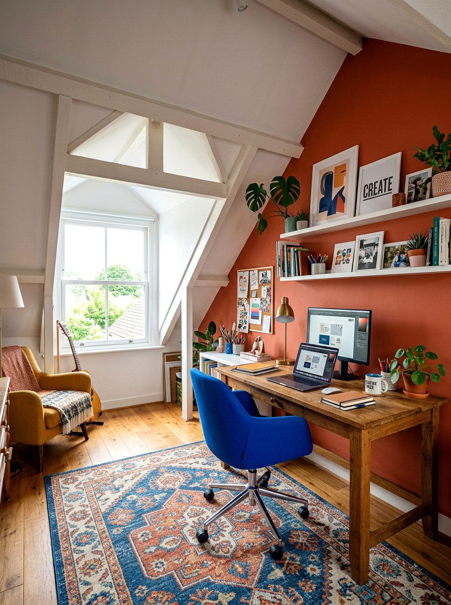 Colorful Attic Workspace - 30 sloped ceiling office ideas