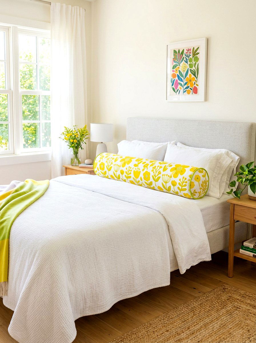 Colorful Bed Bolster - 30 spring bedroom glow up ideas