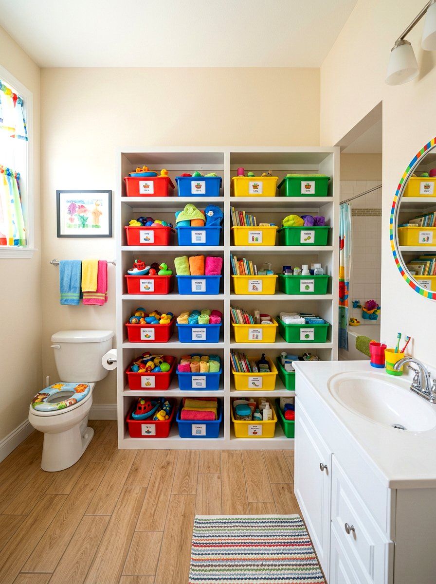 Colorful Bin Storage - 30 kids bathroom decor ideas