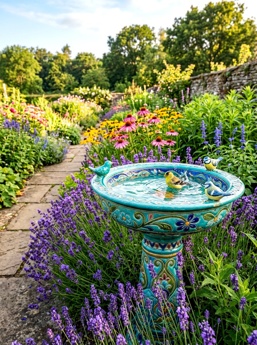 Colorful Bird Bath - 30 colorful garden decor ideas