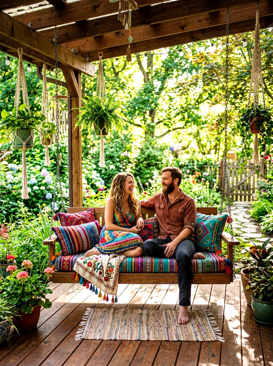 Colorful Bohemian Striped Porch Swing - 30 striped outdoor cushion porch ideas