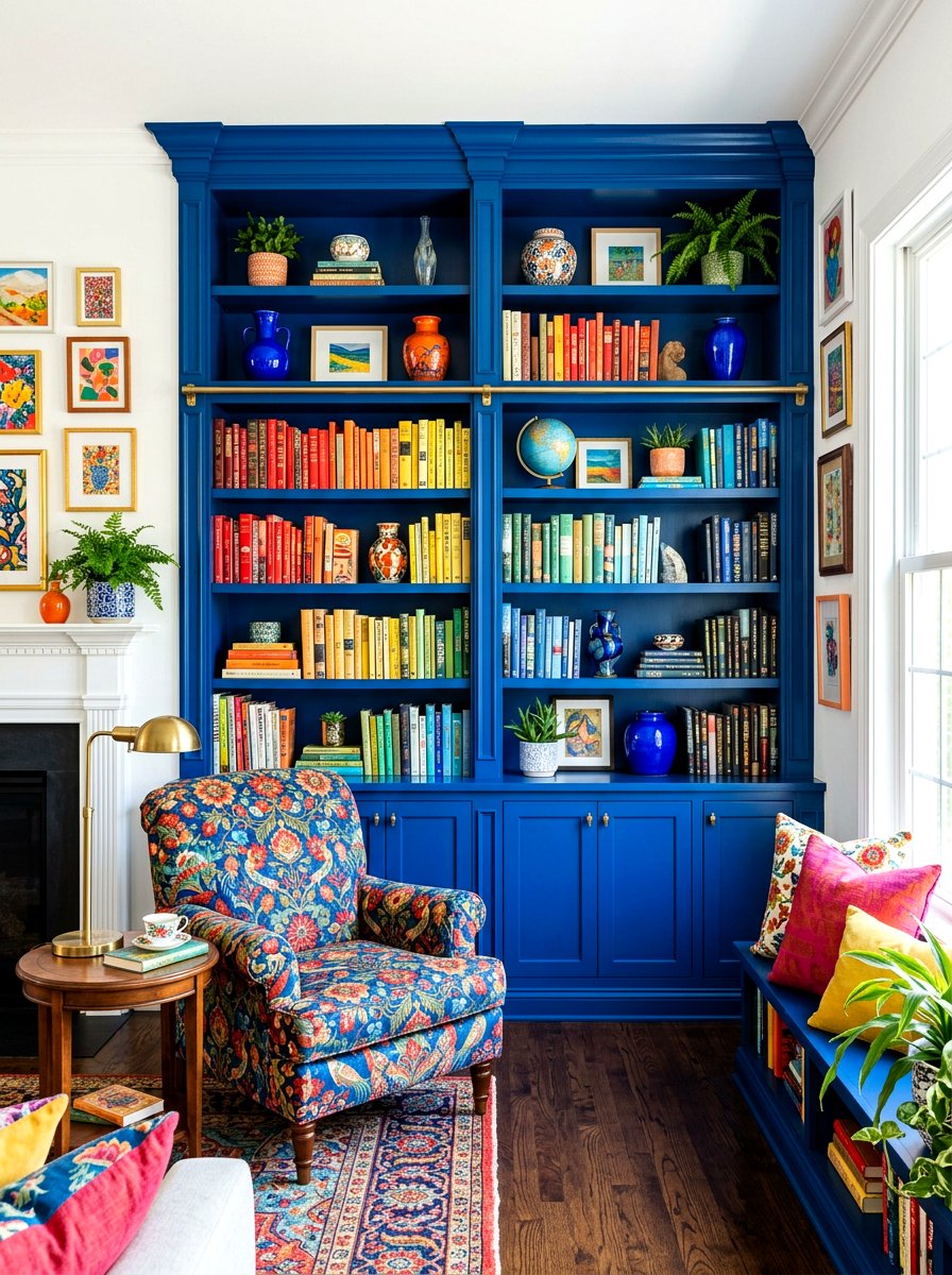 Colorful Built In Shelving - 30 playful maximalist living room ideas