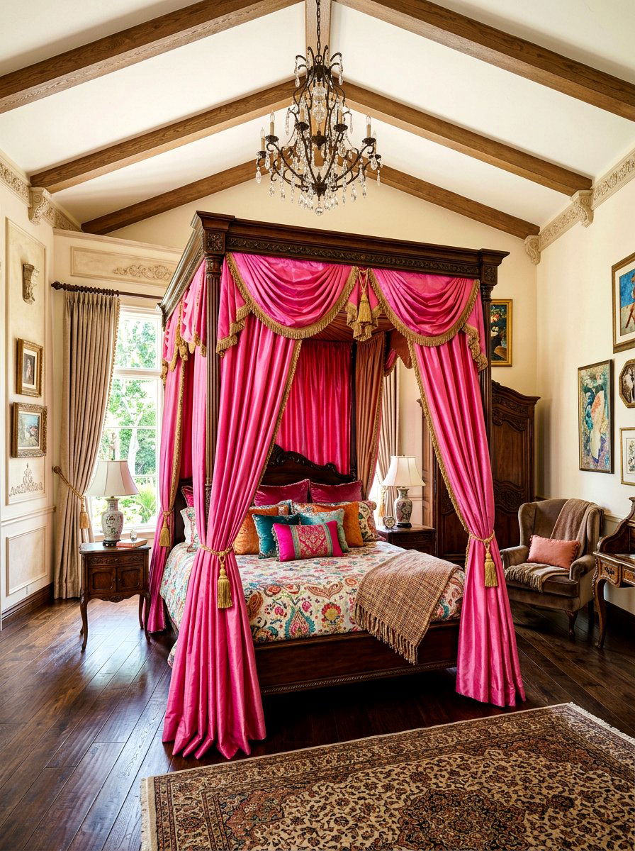 Colorful Canopy Bed - 30 maximalist bedroom ideas