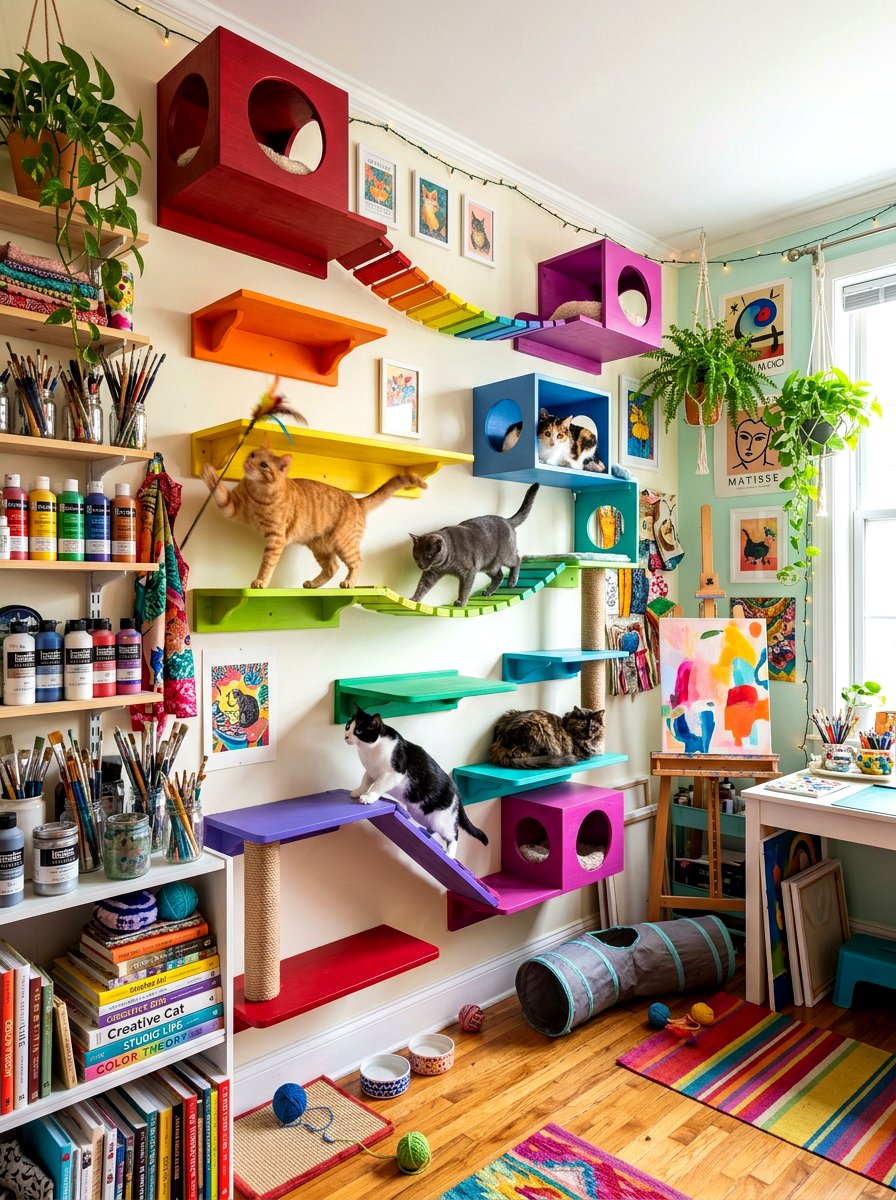 Colorful Cat Wall Shelves - 30 cat climbing wall aesthetic ideas