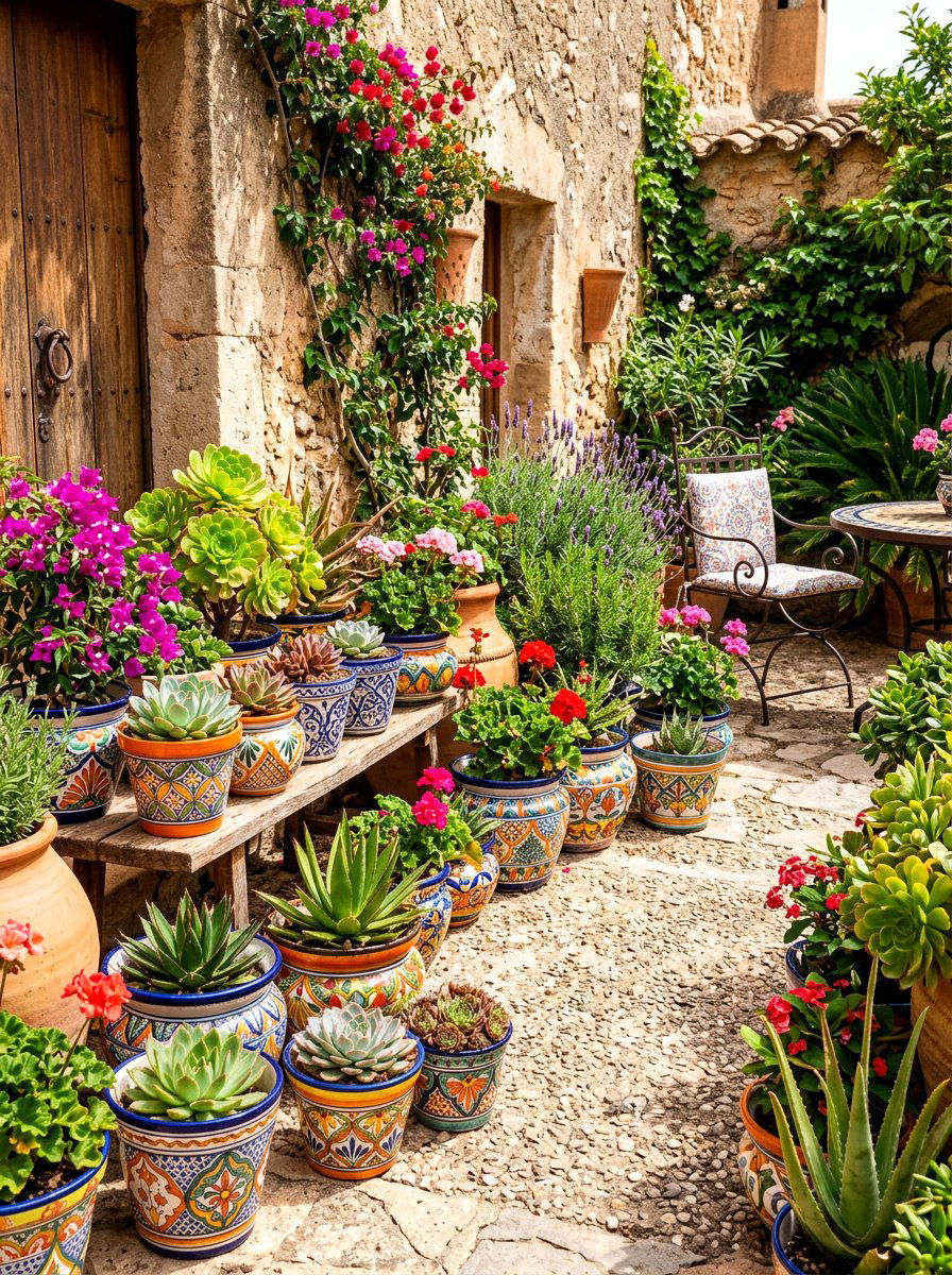 Colorful Ceramic Planters - 30 Mediterranean patio ideas