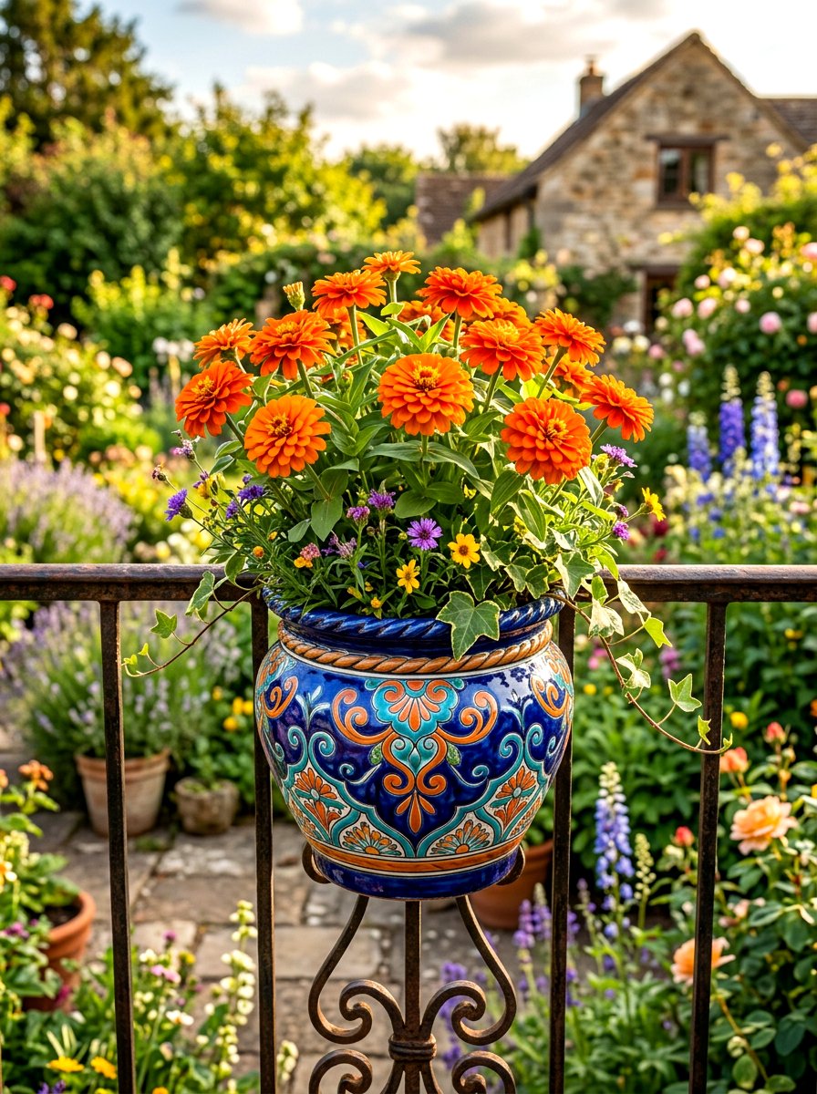 Colorful Ceramic Railing Pot - 30 flower box railing ideas