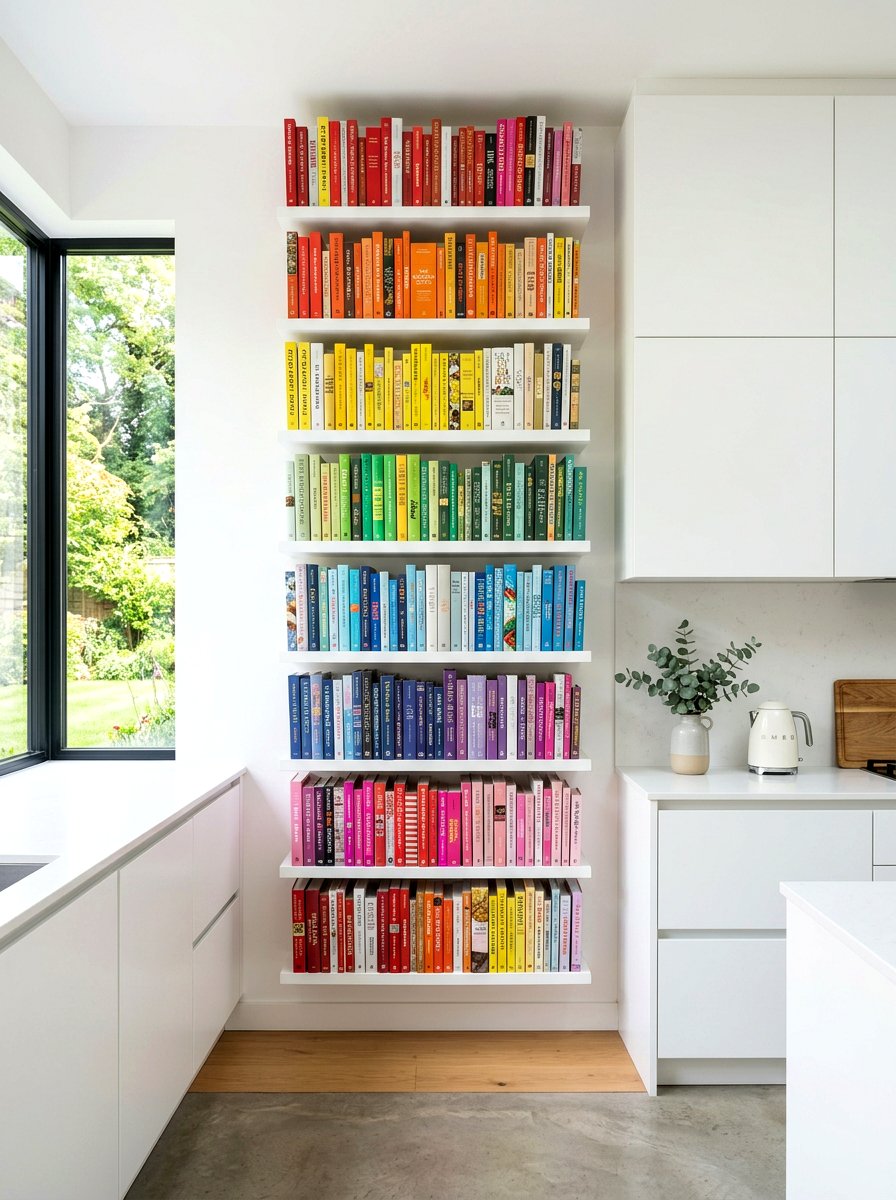 Colorful Cookbook Display Wall - 30 library kitchen ideas