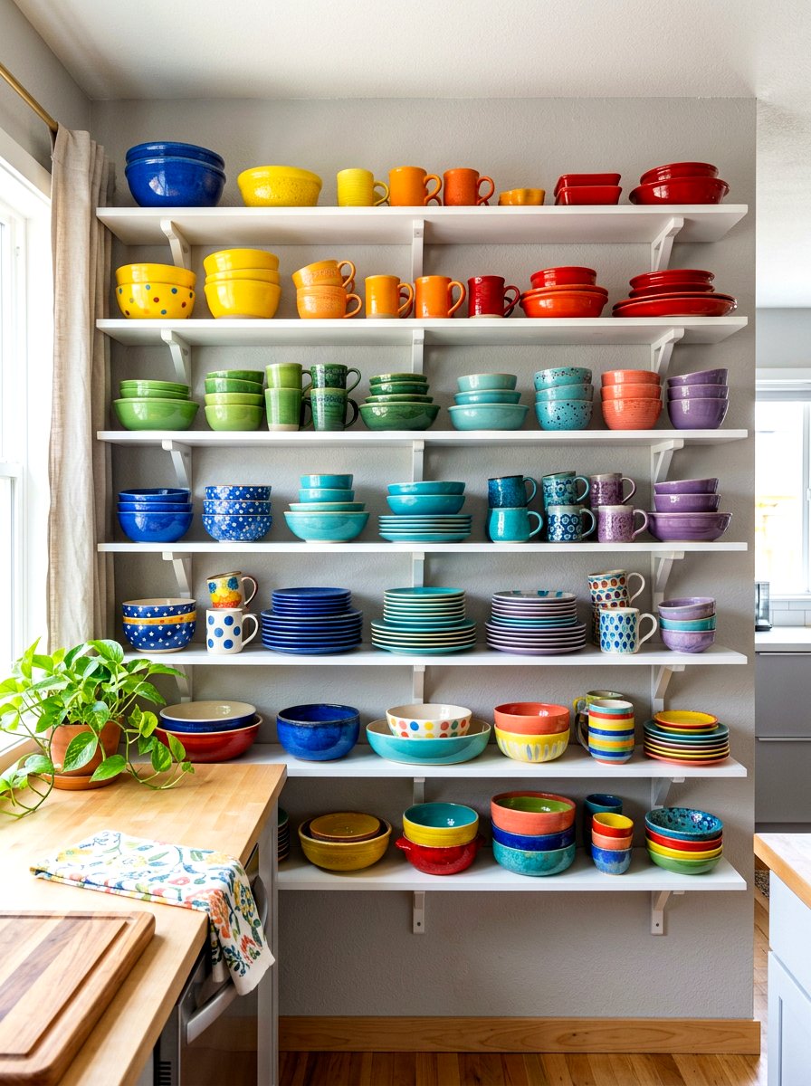 Colorful Dish Open Shelving - 30 kitchen open shelf styling ideas