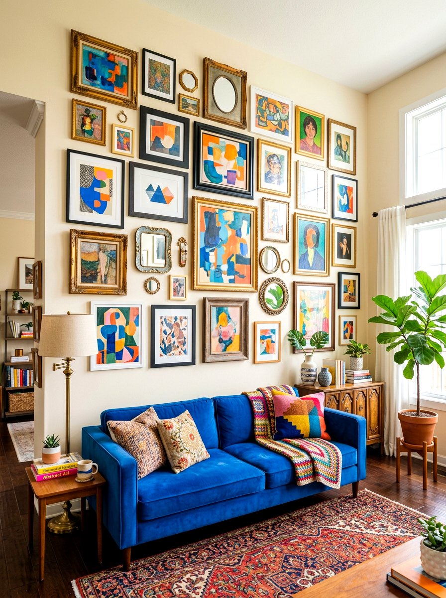 Colorful Eclectic Gallery Wall - 30 playful maximalist living room ideas
