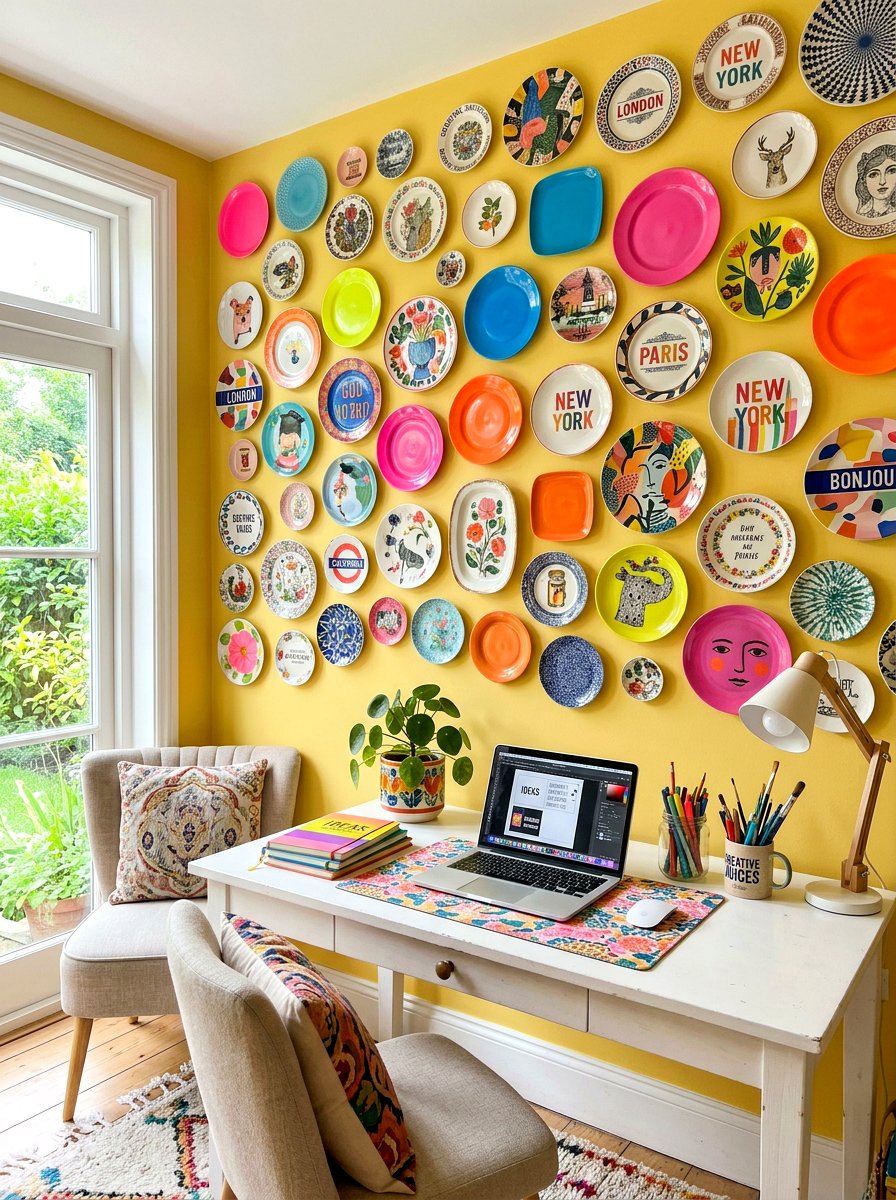 Colorful Eclectic Plate Wall - 30 plate wall display ideas