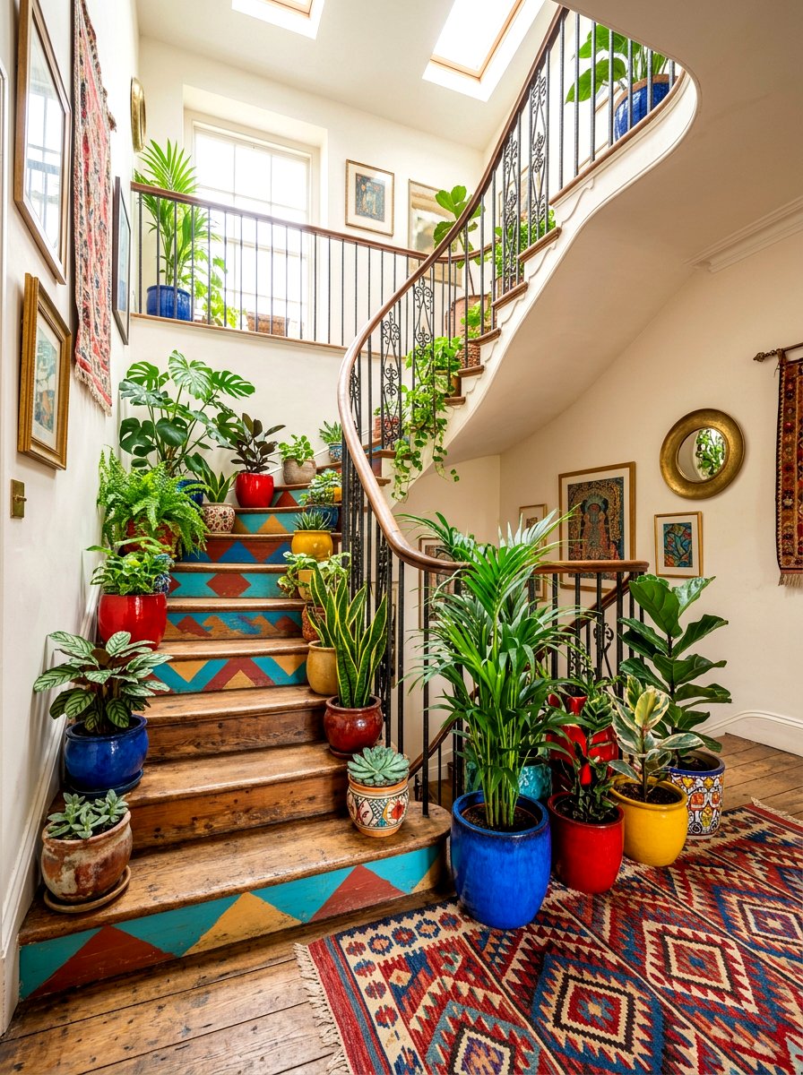 Colorful Eclectic Staircase Mix - 30 stair landing plant nook ideas