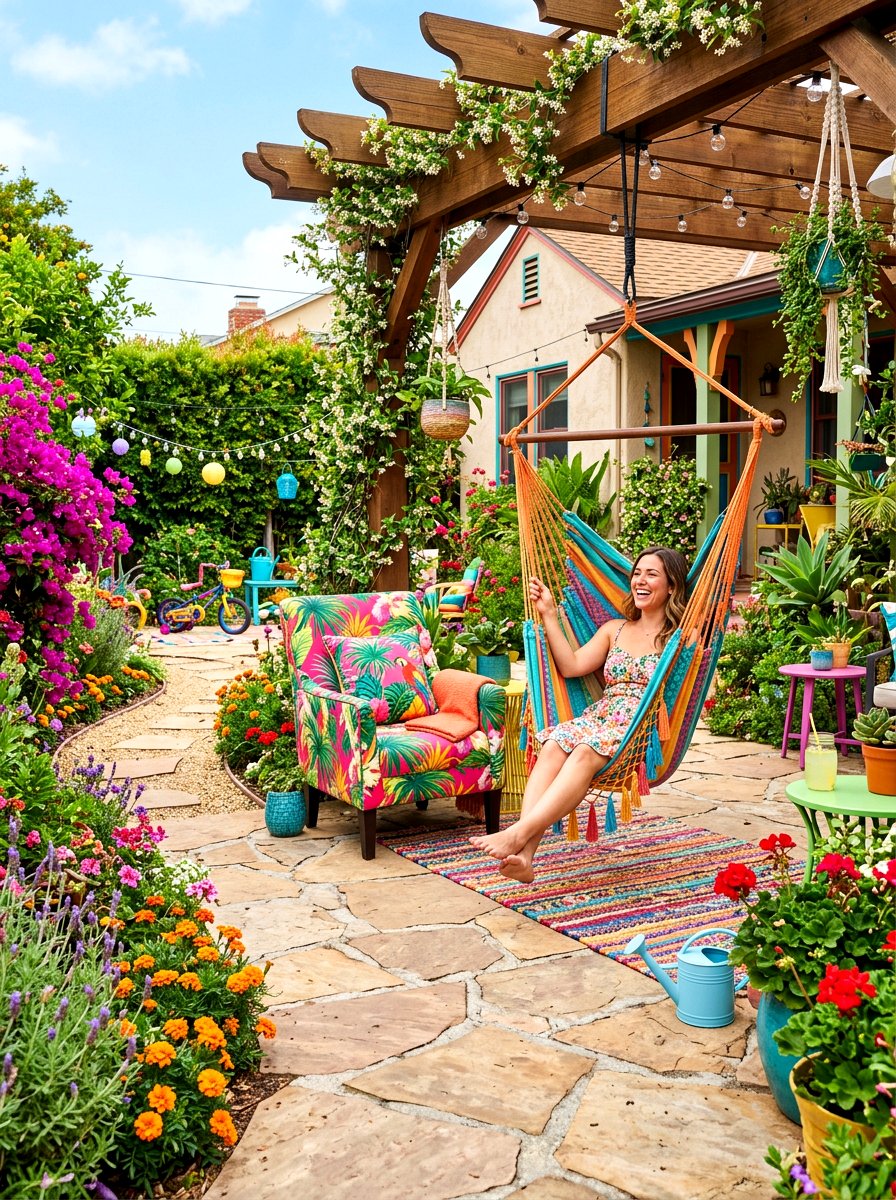 Colorful Fabric Swing Patio - 30 hanging chair patio ideas