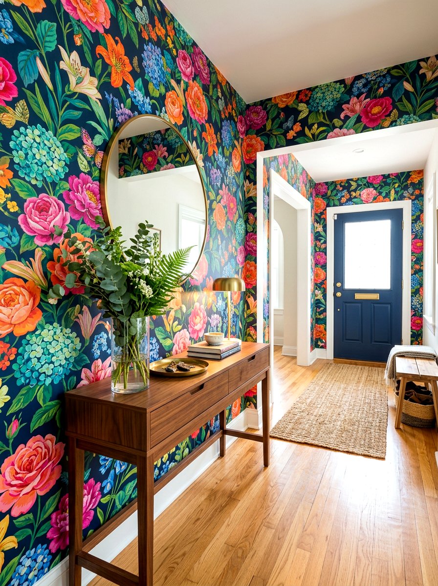 Colorful Floral Entryway Wallpaper - 30 dopamine entryway ideas