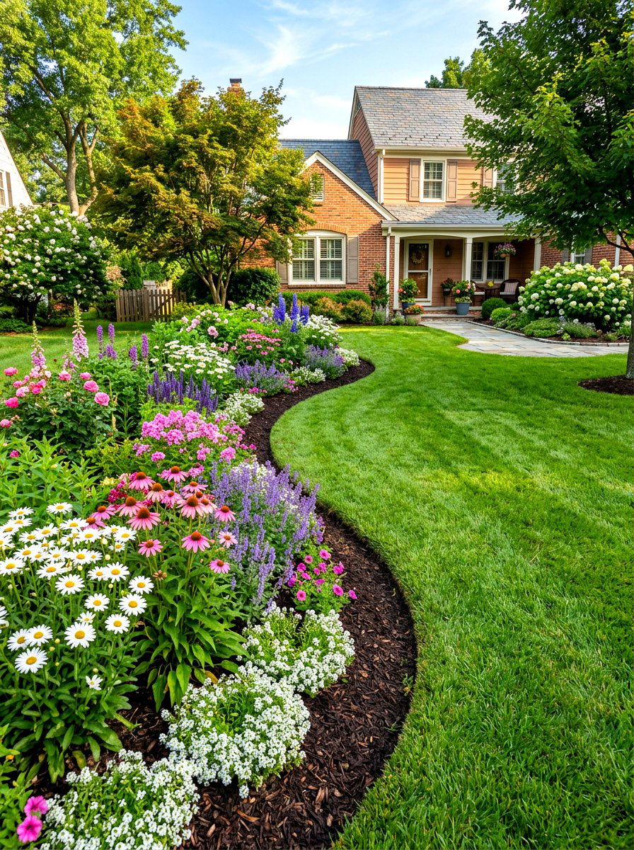 Colorful Flower Bed Border - 30 front lawn landscaping ideas