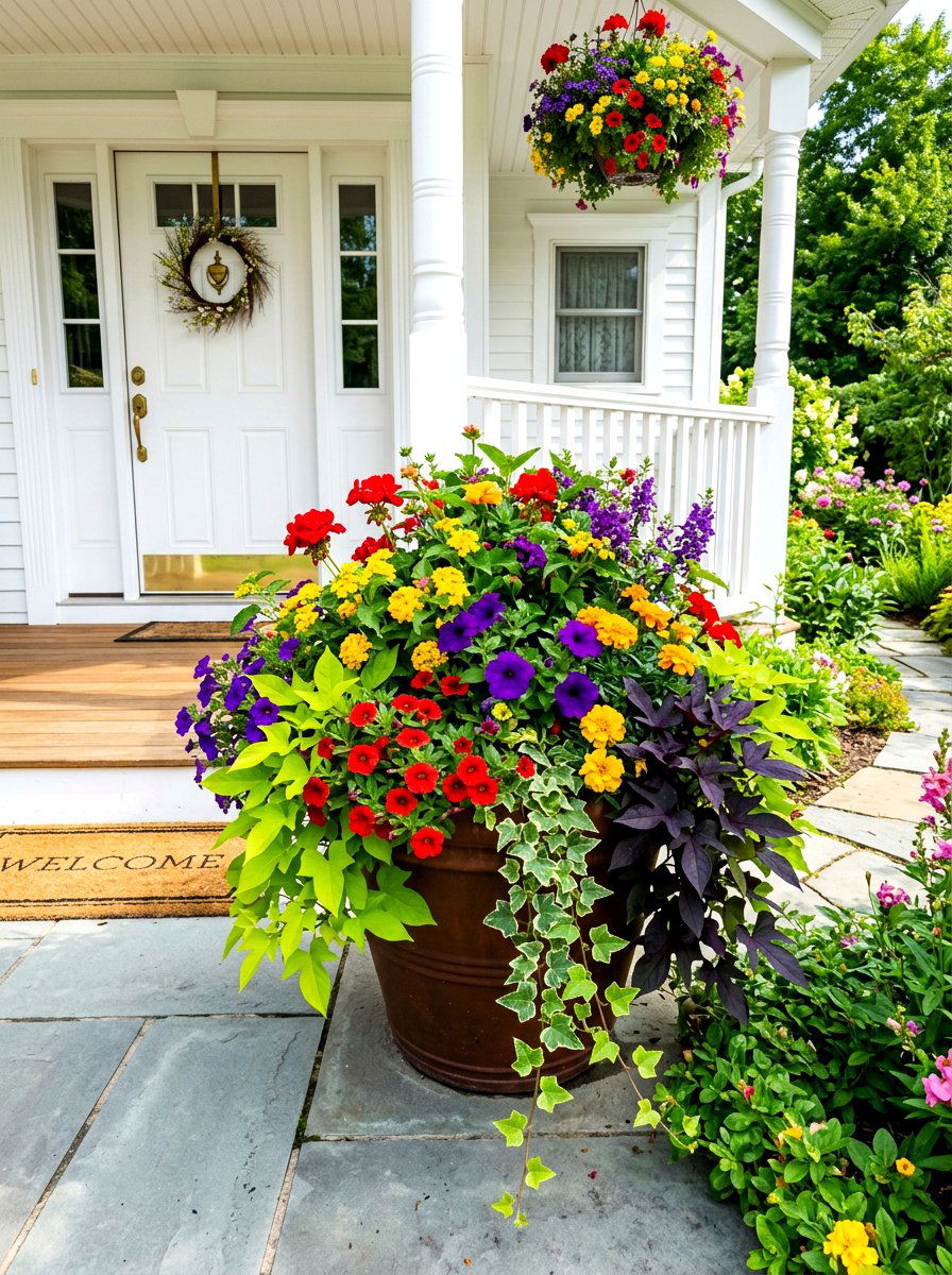 Colorful Flower Front Door Planter - 30 front door planter ideas
