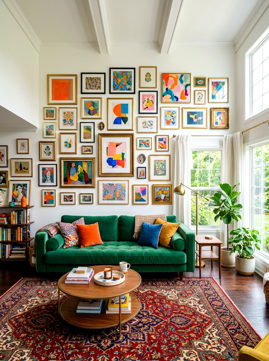 Colorful Gallery Wall Living Room - 30 playful maximalist decor ideas