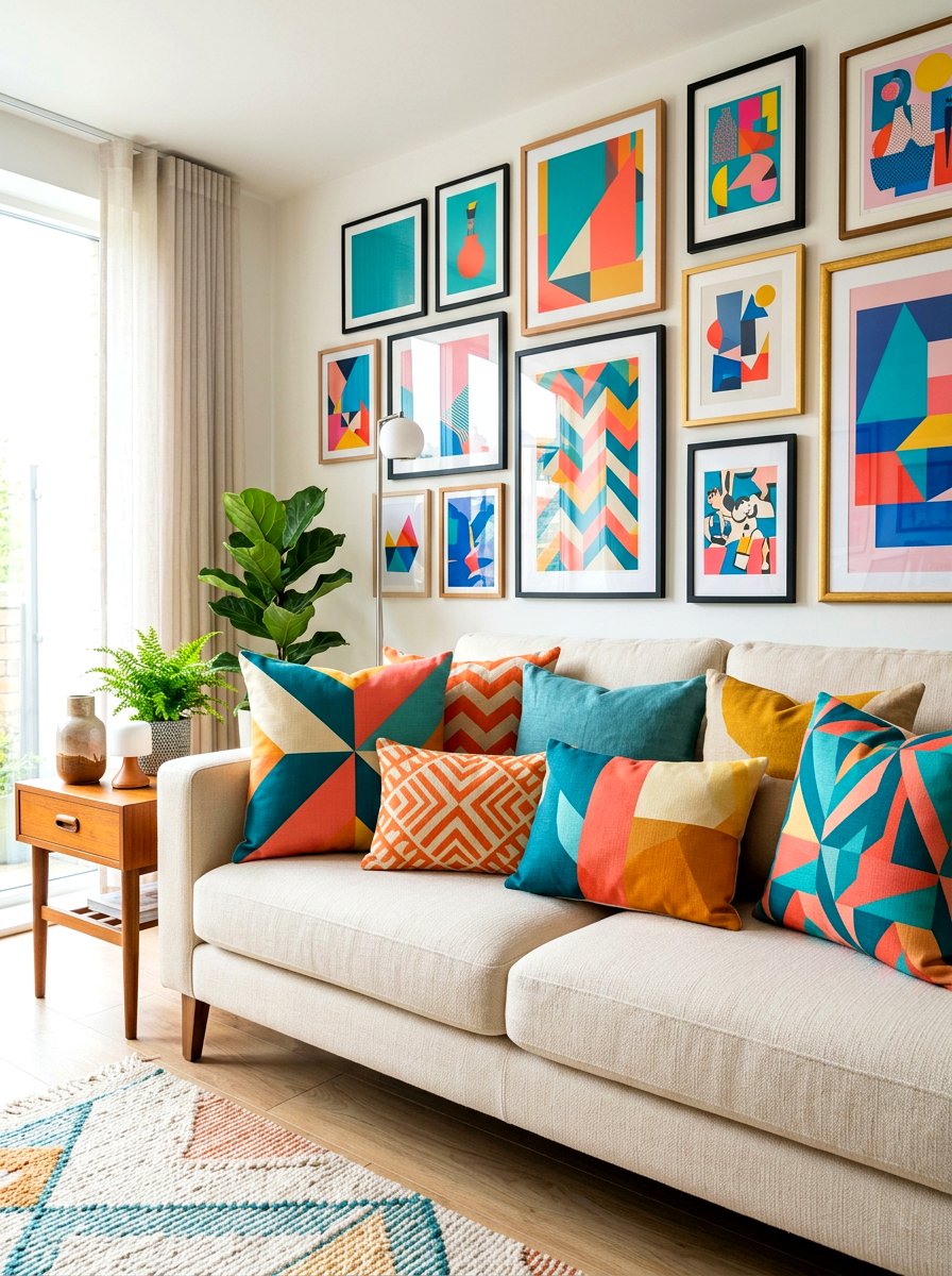 Colorful Geometric Pattern Pillow Group - 30 layered throw pillow ideas