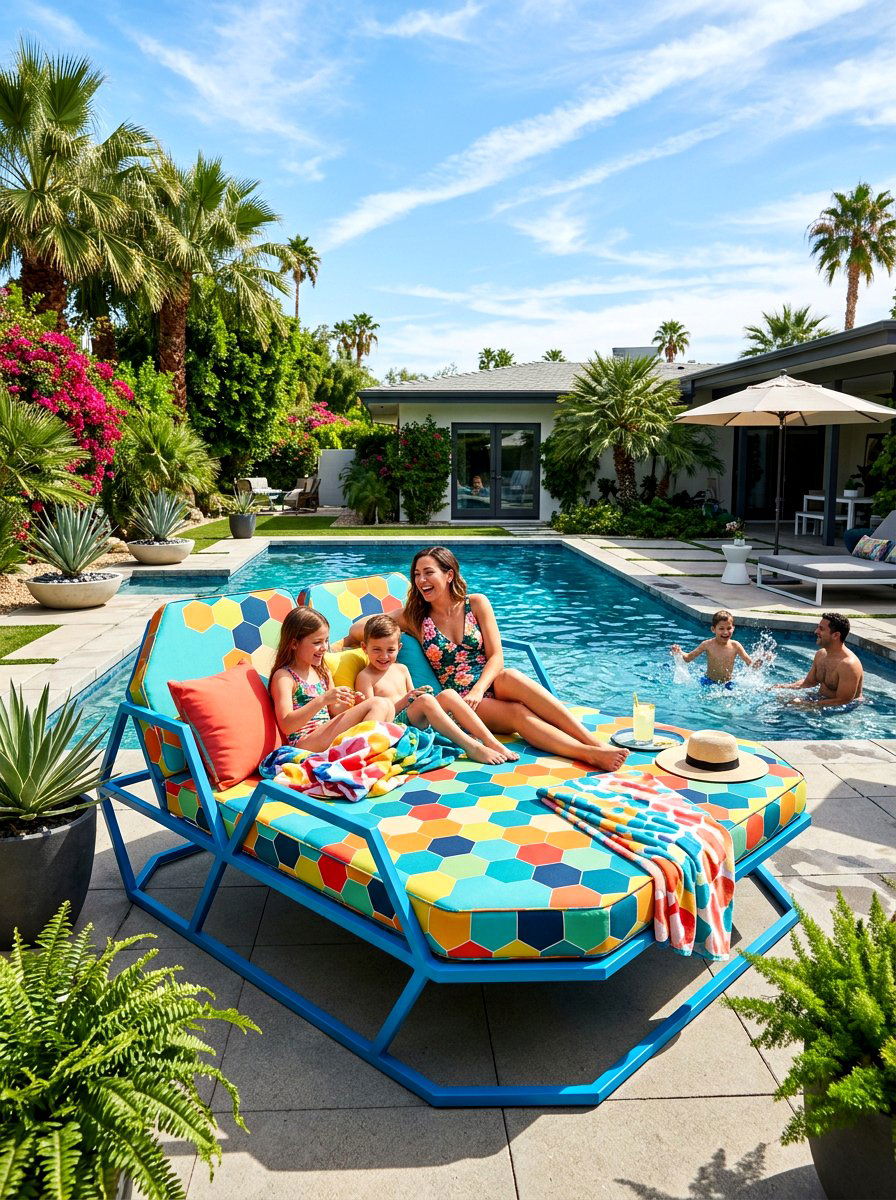 Colorful Geometric Pool Daybed - 30 poolside daybed cabana ideas