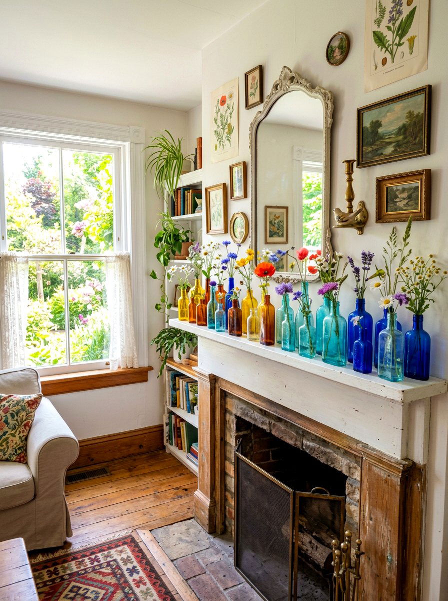 Colorful Glass Bottle Mantel - 30 spring mantel styling ideas