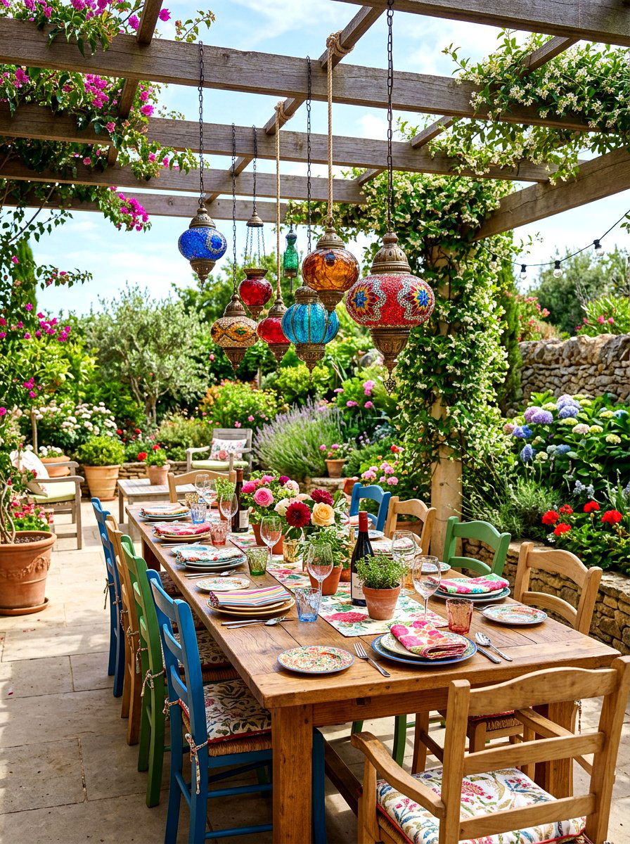 Colorful Glass Lantern Dining - 30 candle lantern patio ideas