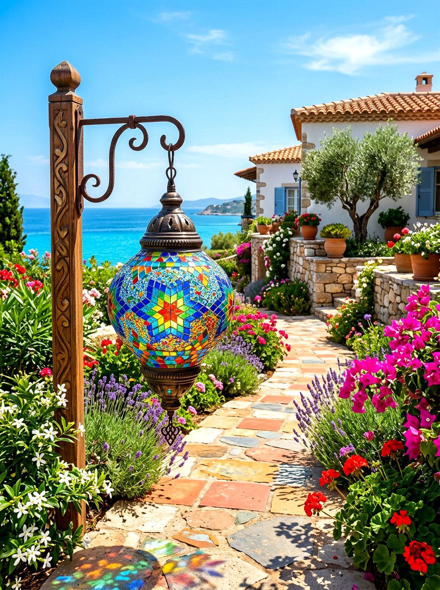 Colorful Glass Mosaic Lantern - 30 lantern pathway ideas