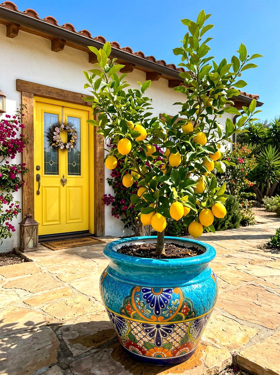 Colorful Glazed Pot Citrus Tree - 30 potted citrus front entry ideas