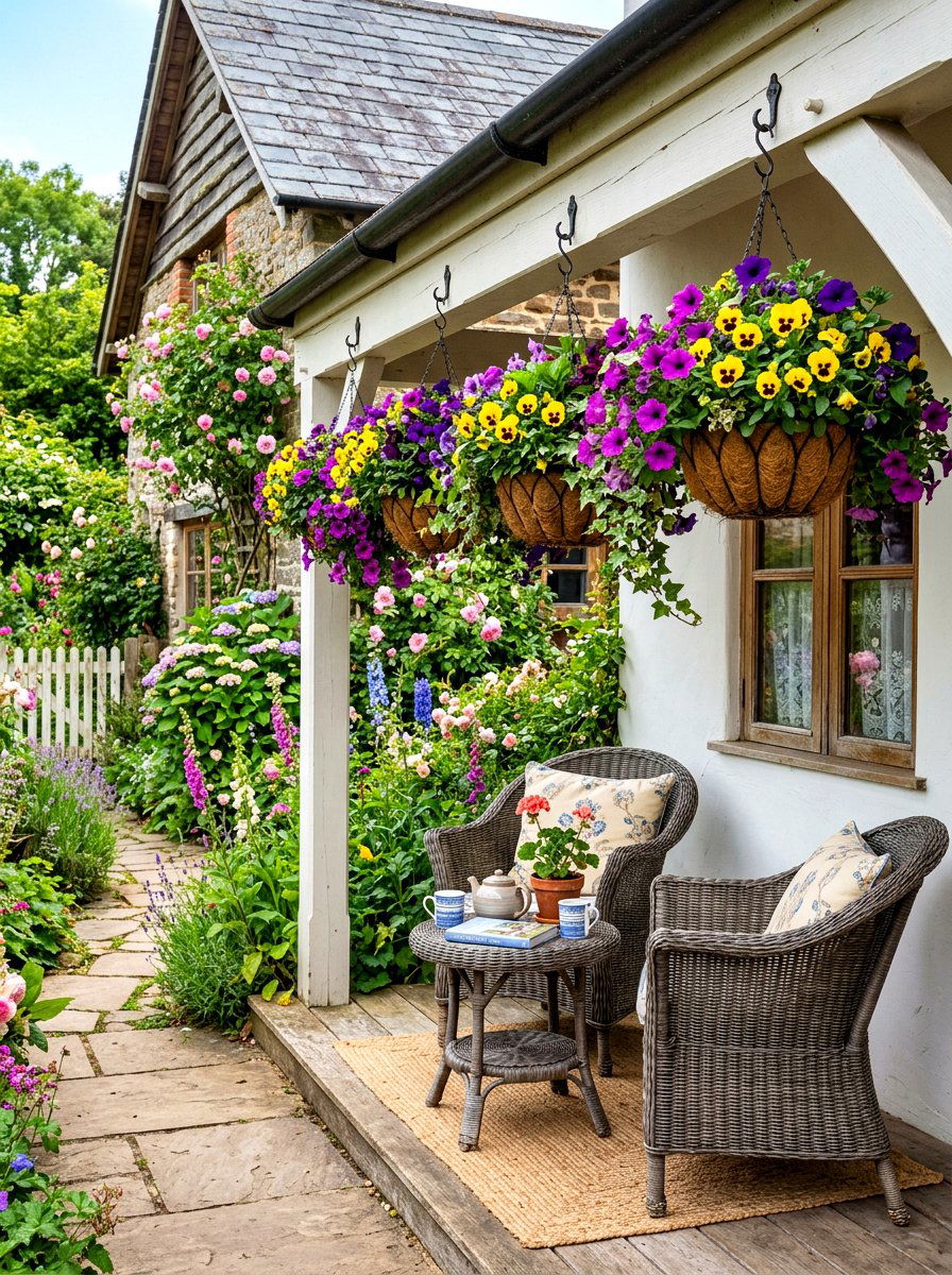 Colorful Hanging Basket Display - 30 porch planter arrangement ideas