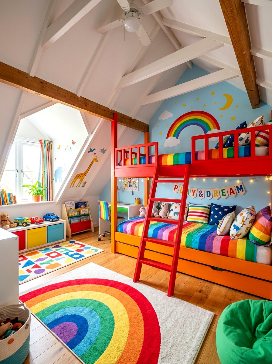 Colorful Kids Attic Bunk - 30 attic bunk room ideas