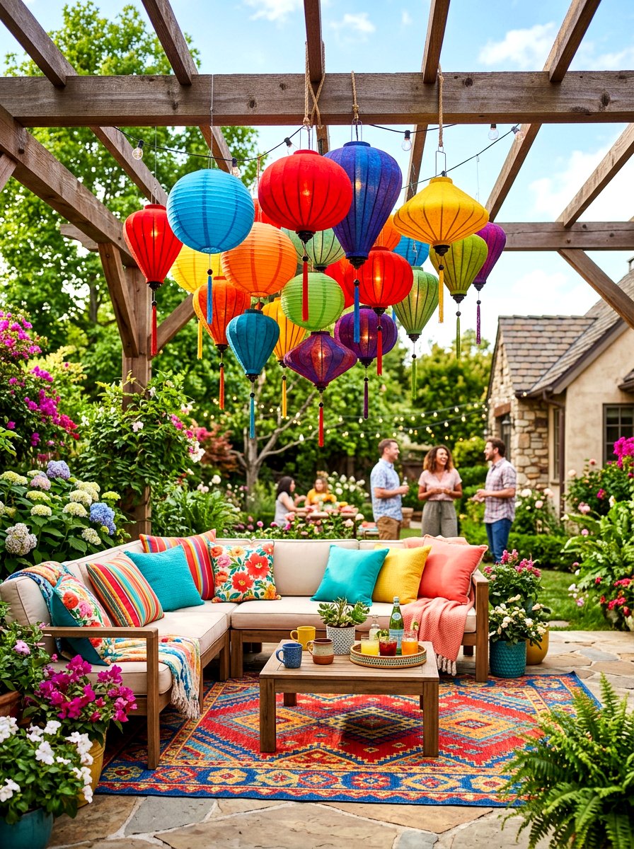Colorful Lantern Cluster - 30 lantern cluster patio ideas