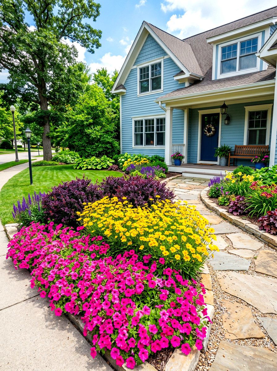 Colorful Layered Front Yard - 30 layered front yard landscaping ideas