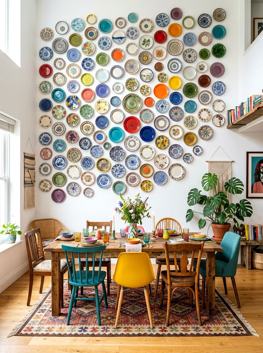 Colorful Mismatched Plate Wall - 30 plate wall dining room ideas
